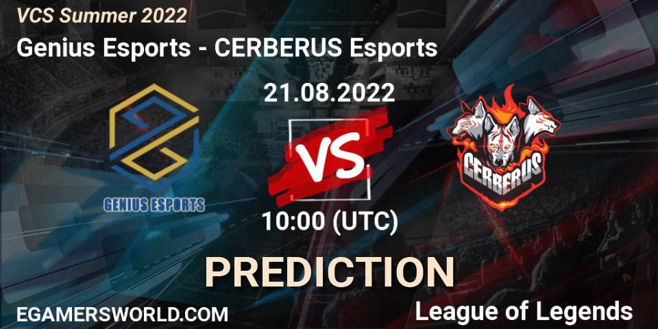 Genius Esports - CERBERUS Esports: ennuste. 21.08.2022 at 10:00, LoL, VCS Summer 2022