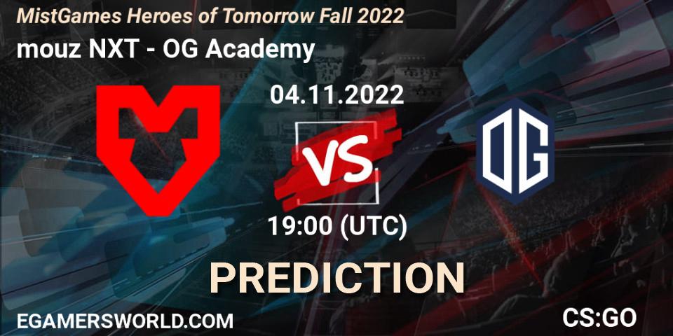 mouz NXT - OG Academy: ennuste. 04.11.2022 at 19:00, Counter-Strike (CS2), MistGames Heroes of Tomorrow Fall 2022