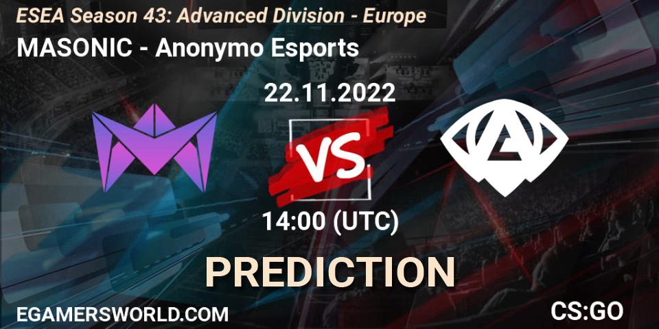 MASONIC - Anonymo Esports: ennuste. 22.11.2022 at 14:00, Counter-Strike (CS2), ESEA Season 43: Advanced Division - Europe