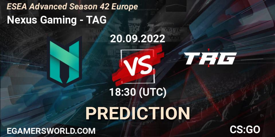 Nexus Gaming - TAG: ennuste. 20.09.2022 at 18:30, Counter-Strike (CS2), ESEA Season 42: Advanced Division - Europe