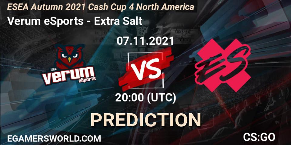 Verum eSports - Extra Salt: ennuste. 07.11.2021 at 22:00, Counter-Strike (CS2), ESEA Cash Cup: North America - Autumn 2021 #4