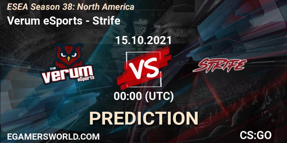 Verum eSports - Strife: ennuste. 15.10.2021 at 00:00, Counter-Strike (CS2), ESEA Season 38: North America 