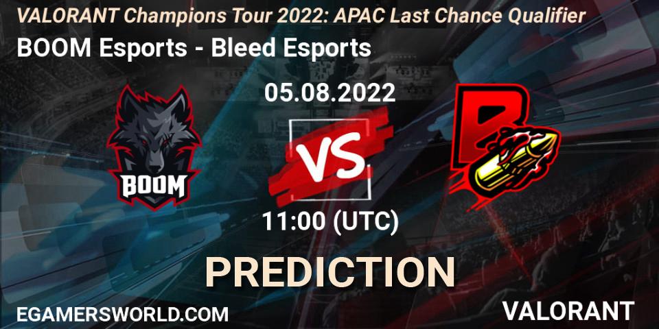 BOOM Esports - Bleed Esports: ennuste. 05.08.2022 at 11:00, VALORANT, VCT 2022: APAC Last Chance Qualifier