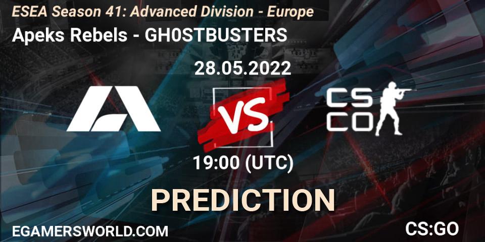 Apeks Rebels - GH0STBUSTERS: ennuste. 28.05.2022 at 19:00, Counter-Strike (CS2), ESEA Season 41: Advanced Division - Europe