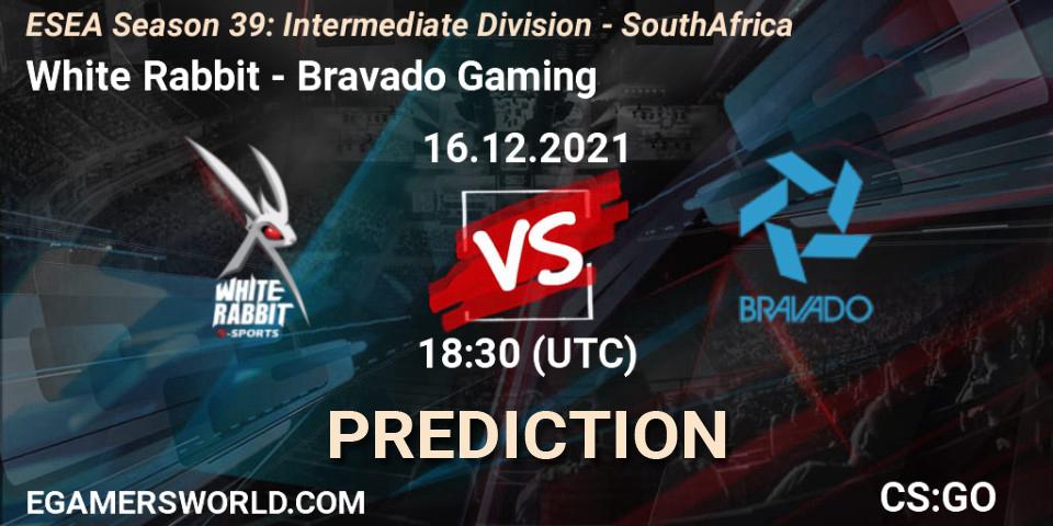 White Rabbit - Bravado Gaming: ennuste. 16.12.2021 at 18:30, Counter-Strike (CS2), ESEA Season 39: Intermediate Division - South Africa