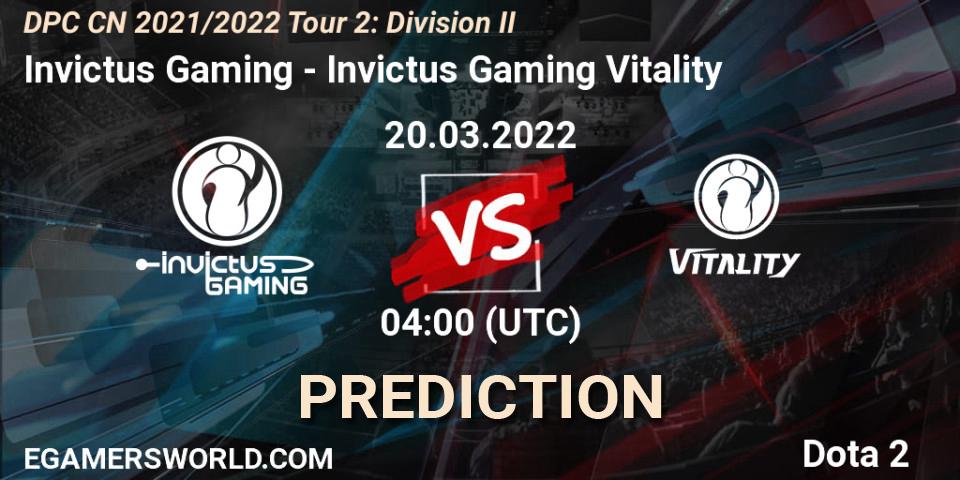 Invictus Gaming - Invictus Gaming Vitality: ennuste. 20.03.2022 at 04:17, Dota 2, DPC 2021/2022 Tour 2: CN Division II (Lower)