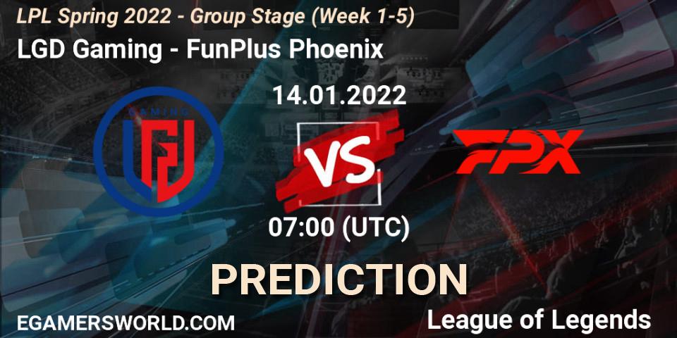 LGD Gaming - FunPlus Phoenix: ennuste. 14.01.2022 at 07:00, LoL, LPL Spring 2022 - Group Stage (Week 1-5)