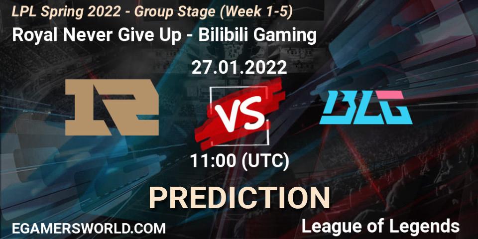 Royal Never Give Up - Bilibili Gaming: ennuste. 27.01.2022 at 11:00, LoL, LPL Spring 2022 - Group Stage (Week 1-5)