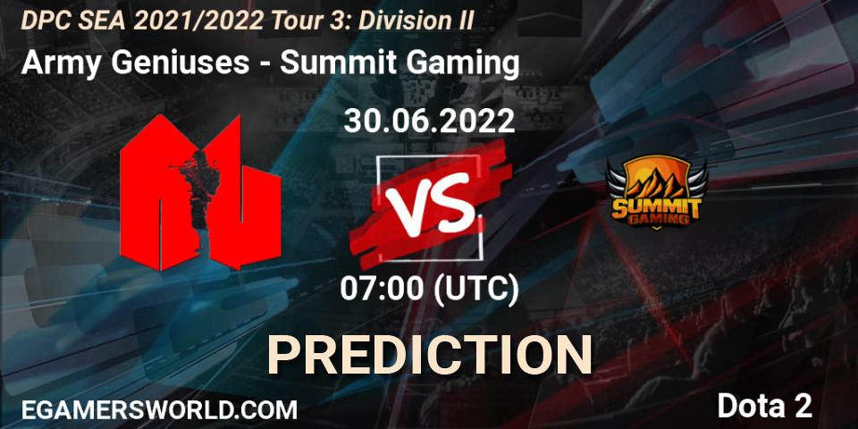 Army Geniuses - Summit Gaming: ennuste. 30.06.2022 at 07:02, Dota 2, DPC SEA 2021/2022 Tour 3: Division II