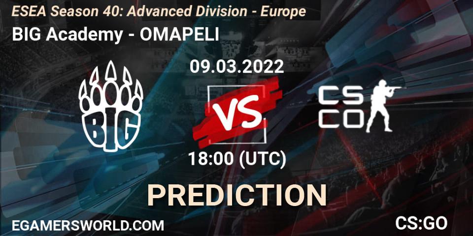 BIG Academy - OMAPELI: ennuste. 09.03.2022 at 18:00, Counter-Strike (CS2), ESEA Season 40: Advanced Division - Europe