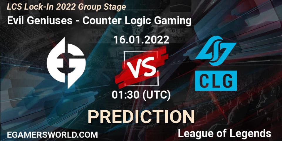 Evil Geniuses - Counter Logic Gaming: ennuste. 16.01.2022 at 01:30, LoL, LCS Lock-In 2022 Group Stage