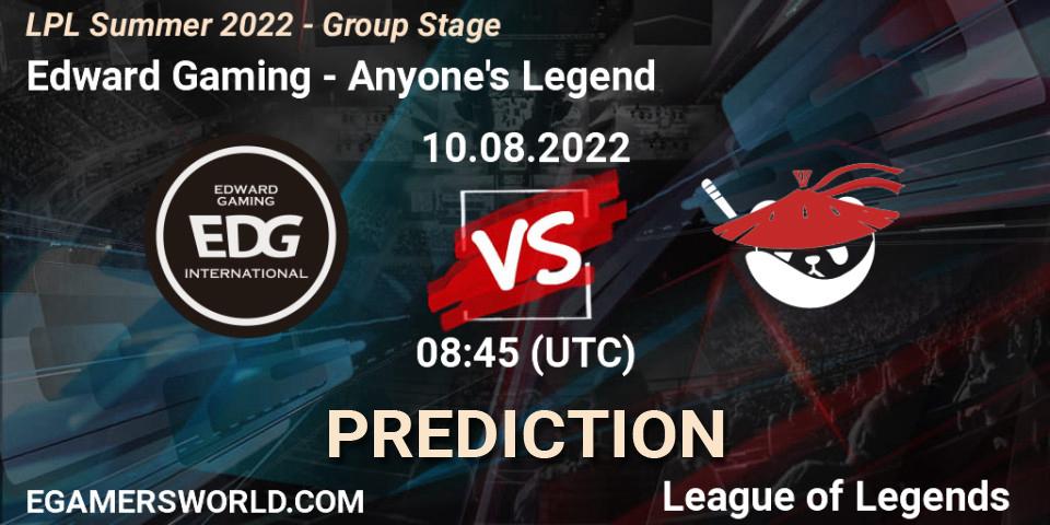 Edward Gaming - Anyone's Legend: ennuste. 10.08.2022 at 09:00, LoL, LPL Summer 2022 - Group Stage
