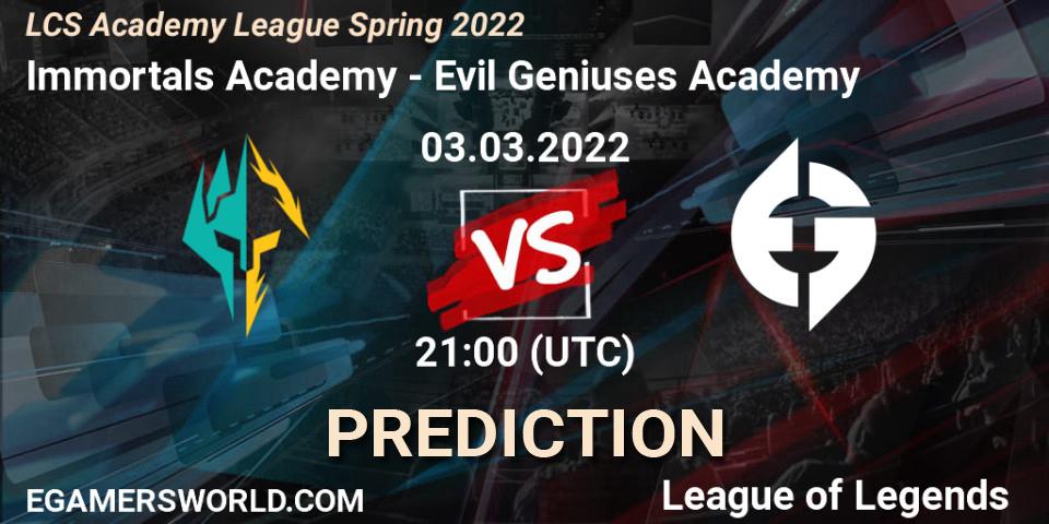 Immortals Academy - Evil Geniuses Academy: ennuste. 03.03.2022 at 21:00, LoL, LCS Academy League Spring 2022