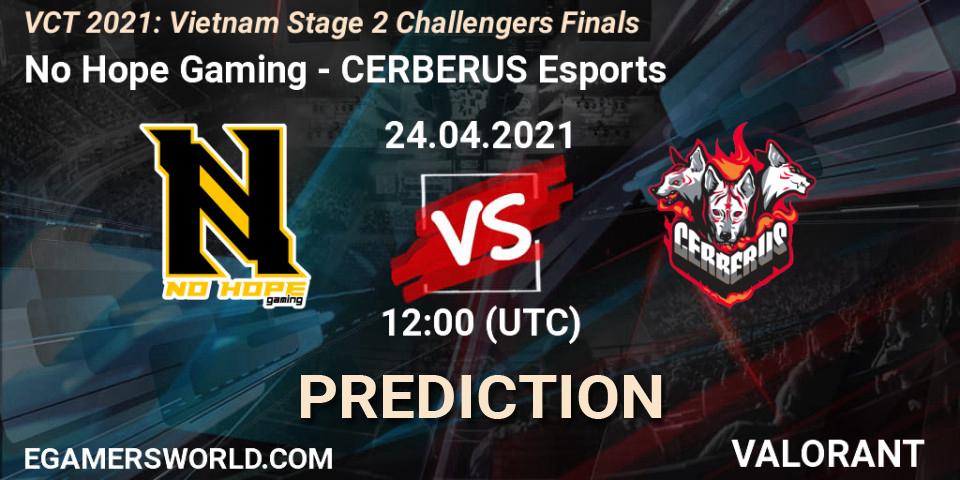 No Hope Gaming - CERBERUS Esports: ennuste. 24.04.2021 at 14:30, VALORANT, VCT 2021: Vietnam Stage 2 Challengers Finals
