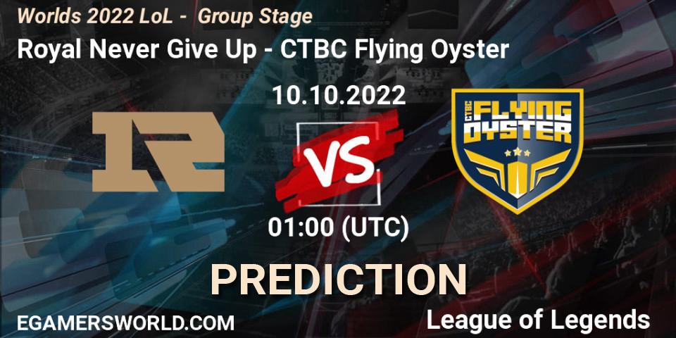 Royal Never Give Up - CTBC Flying Oyster: ennuste. 10.10.2022 at 01:00, LoL, Worlds 2022 LoL - Group Stage
