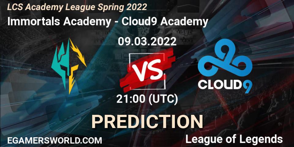 Immortals Academy - Cloud9 Academy: ennuste. 09.03.2022 at 21:00, LoL, LCS Academy League Spring 2022