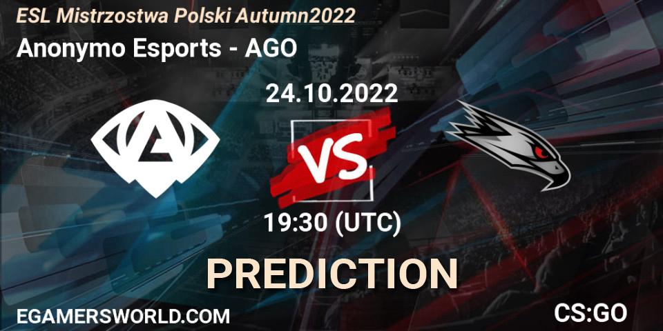 Anonymo Esports - AGO: ennuste. 24.10.2022 at 18:15, Counter-Strike (CS2), ESL Mistrzostwa Polski Autumn 2022
