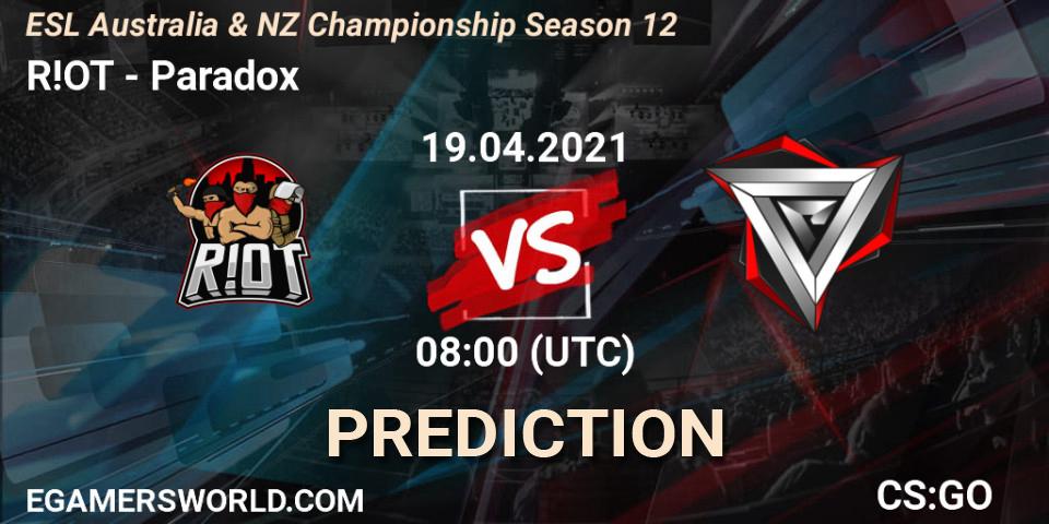 R!OT - Paradox: ennuste. 19.04.2021 at 08:00, Counter-Strike (CS2), ESL Australia & NZ Championship Season 12
