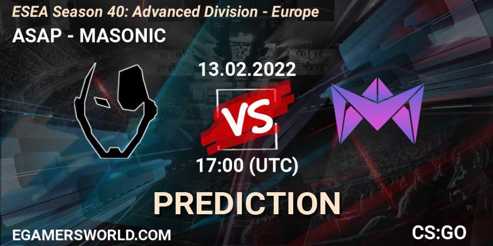 ASAP - MASONIC: ennuste. 13.02.2022 at 17:00, Counter-Strike (CS2), ESEA Season 40: Advanced Division - Europe