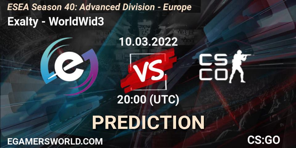 Exalty - WorldWid3: ennuste. 10.03.2022 at 20:00, Counter-Strike (CS2), ESEA Season 40: Advanced Division - Europe