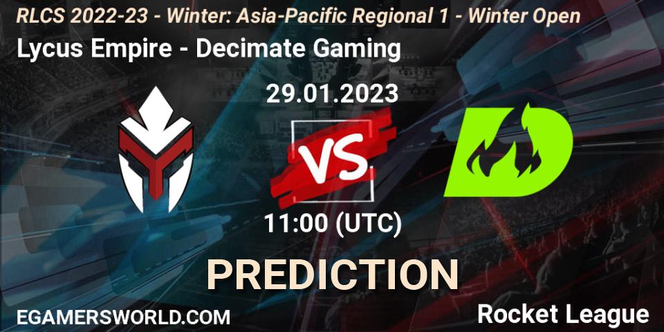 Lycus Empire - Decimate Gaming: ennuste. 29.01.2023 at 11:00, Rocket League, RLCS 2022-23 - Winter: Asia-Pacific Regional 1 - Winter Open