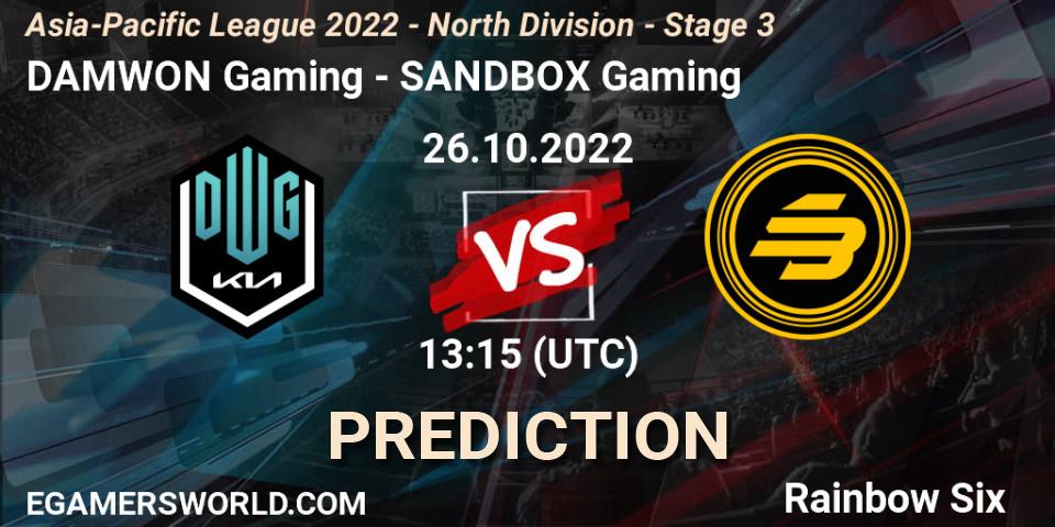 DAMWON Gaming - SANDBOX Gaming: ennuste. 26.10.2022 at 13:15, Rainbow Six, Asia-Pacific League 2022 - North Division - Stage 3