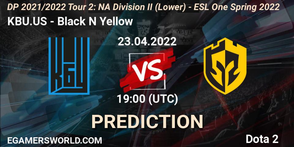 KBU.US - Black N Yellow: ennuste. 23.04.2022 at 18:55, Dota 2, DP 2021/2022 Tour 2: NA Division II (Lower) - ESL One Spring 2022