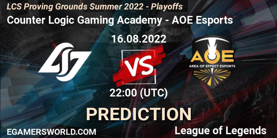 Counter Logic Gaming Academy - AOE Esports: ennuste. 16.08.2022 at 22:00, LoL, LCS Proving Grounds Summer 2022 - Playoffs