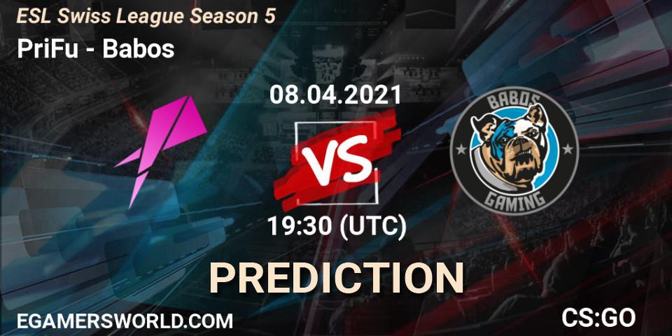 PriFu - Babos: ennuste. 08.04.2021 at 19:30, Counter-Strike (CS2), ESL Swiss League Season 5