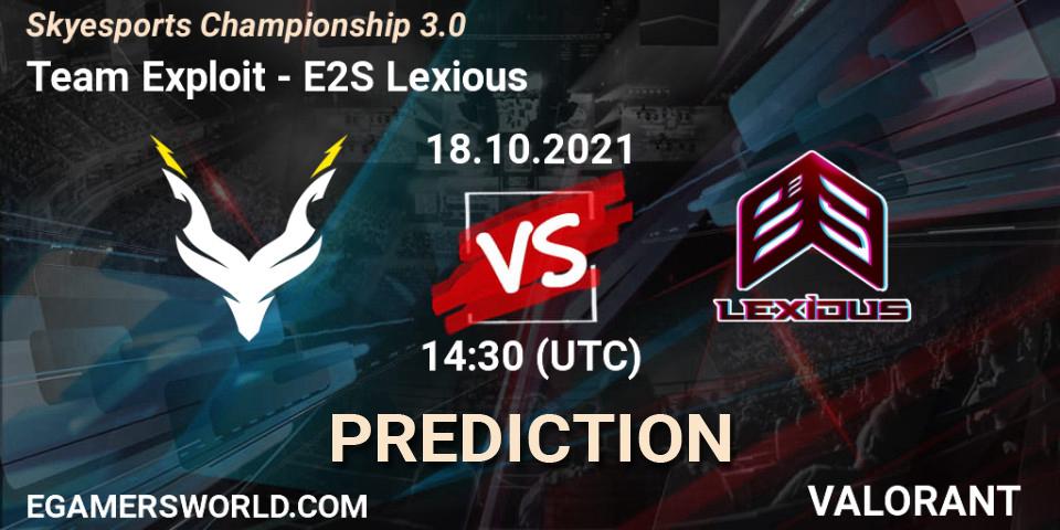 Team Exploit - E2S Lexious: ennuste. 18.10.2021 at 14:30, VALORANT, Skyesports Championship 3.0