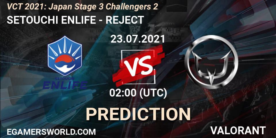 SETOUCHI ENLIFE - REJECT: ennuste. 23.07.2021 at 02:00, VALORANT, VCT 2021: Japan Stage 3 Challengers 2