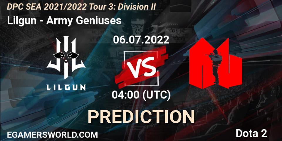 Lilgun - Army Geniuses: ennuste. 06.07.2022 at 04:00, Dota 2, DPC SEA 2021/2022 Tour 3: Division II