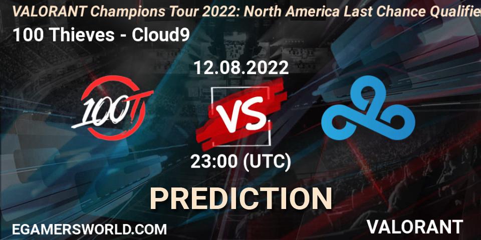 100 Thieves - Cloud9: ennuste. 12.08.2022 at 22:30, VALORANT, VCT 2022: North America Last Chance Qualifier