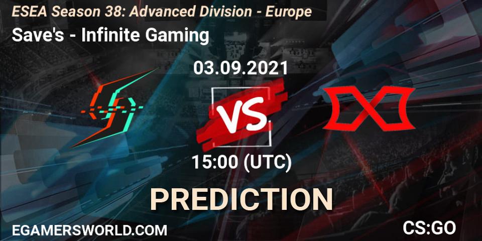 Save's - Infinite Gaming: ennuste. 03.09.2021 at 15:00, Counter-Strike (CS2), ESEA Season 38: Advanced Division - Europe