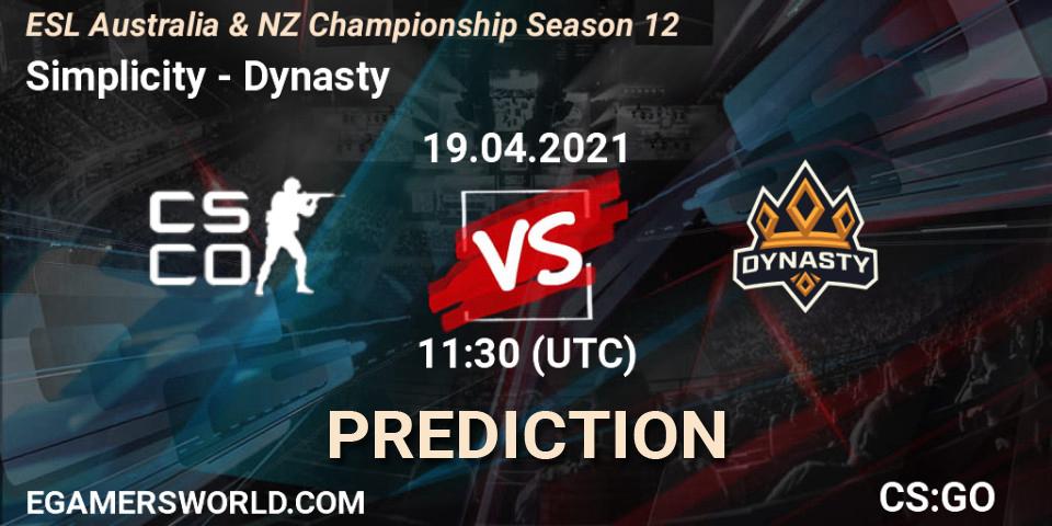 Simplicity - Dynasty: ennuste. 19.04.2021 at 10:35, Counter-Strike (CS2), ESL Australia & NZ Championship Season 12