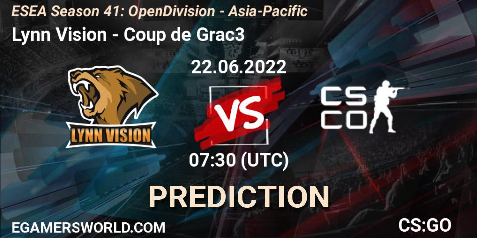 Lynn Vision - Coup de Grac3: ennuste. 22.06.2022 at 07:30, Counter-Strike (CS2), ESEA Season 41: Open Division - Asia-Pacific