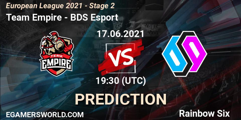 Team Empire - BDS Esport: ennuste. 17.06.2021 at 18:30, Rainbow Six, European League 2021 - Stage 2