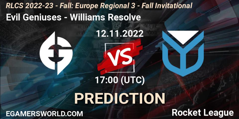 Evil Geniuses - Williams Resolve: ennuste. 12.11.22, Rocket League, RLCS 2022-23 - Fall: Europe Regional 3 - Fall Invitational