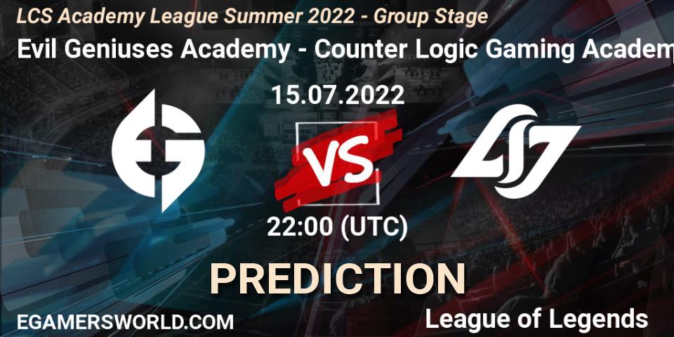 Evil Geniuses Academy - Counter Logic Gaming Academy: ennuste. 15.07.22, LoL, LCS Academy League Summer 2022 - Group Stage