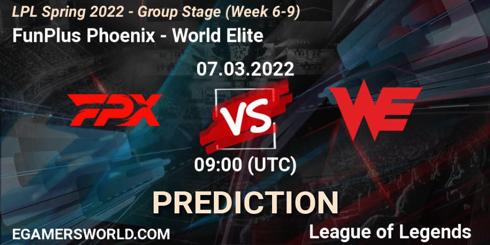 FunPlus Phoenix - World Elite: ennuste. 07.03.2022 at 09:00, LoL, LPL Spring 2022 - Group Stage (Week 6-9)