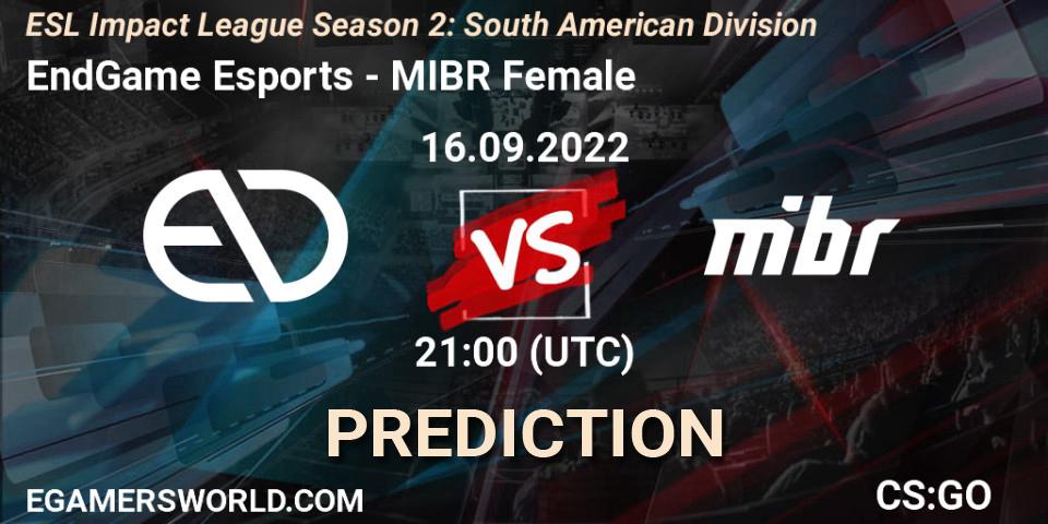 EndGame Esports - MIBR Female: ennuste. 16.09.2022 at 21:00, Counter-Strike (CS2), ESL Impact League Season 2: South American Division