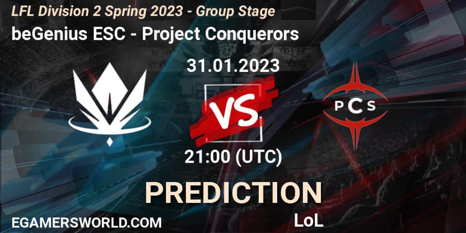 beGenius ESC - Project Conquerors: ennuste. 31.01.23, LoL, LFL Division 2 Spring 2023 - Group Stage