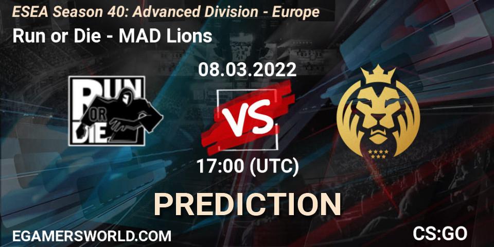 Run or Die - MAD Lions: ennuste. 10.03.2022 at 17:00, Counter-Strike (CS2), ESEA Season 40: Advanced Division - Europe