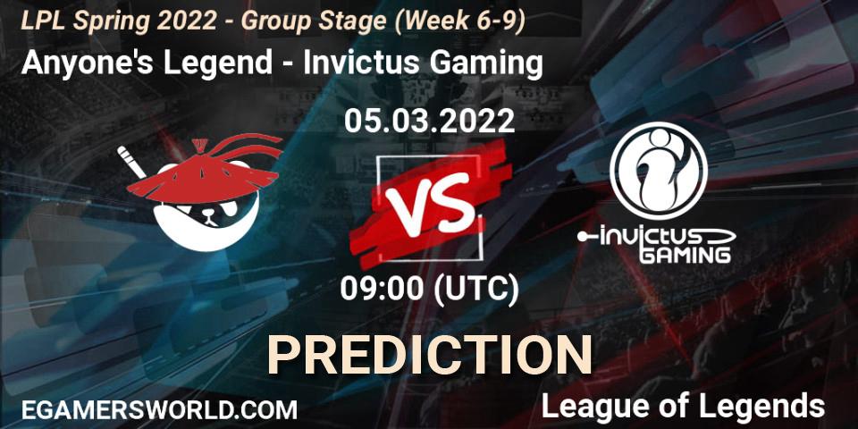 Anyone's Legend - Invictus Gaming: ennuste. 05.03.2022 at 10:00, LoL, LPL Spring 2022 - Group Stage (Week 6-9)