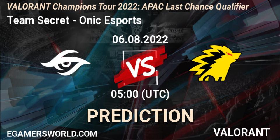 Team Secret - Onic Esports: ennuste. 06.08.2022 at 05:00, VALORANT, VCT 2022: APAC Last Chance Qualifier
