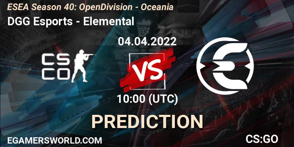 DGG Esports - Elemental: ennuste. 04.04.2022 at 10:00, Counter-Strike (CS2), ESEA Season 40: Open Division - Oceania