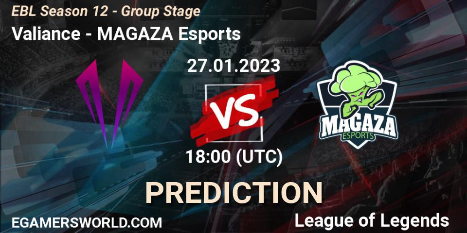 Valiance - MAGAZA Esports: ennuste. 27.01.2023 at 18:00, LoL, EBL Season 12 - Group Stage