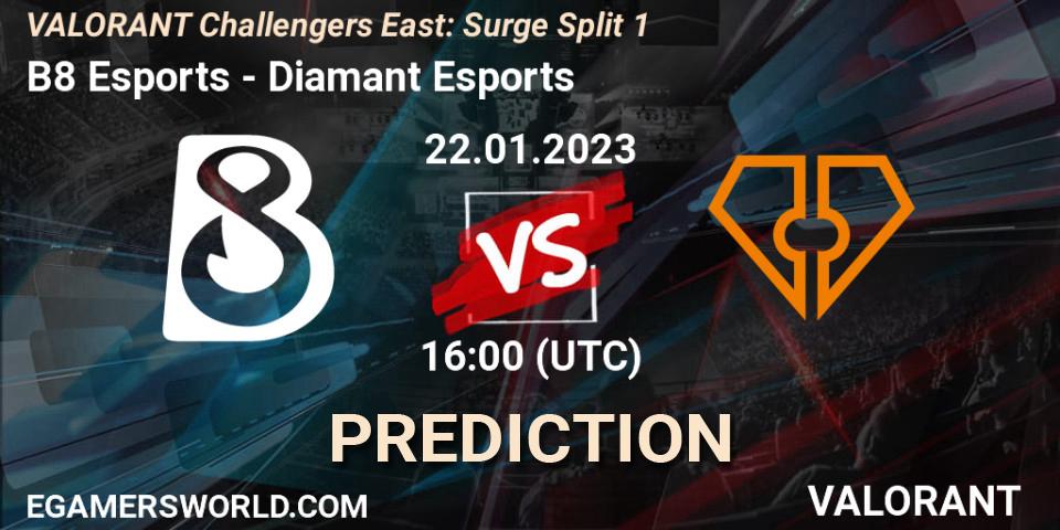 B8 Esports - Diamant Esports: ennuste. 22.01.2023 at 16:00, VALORANT, VALORANT Challengers 2023 East: Surge Split 1