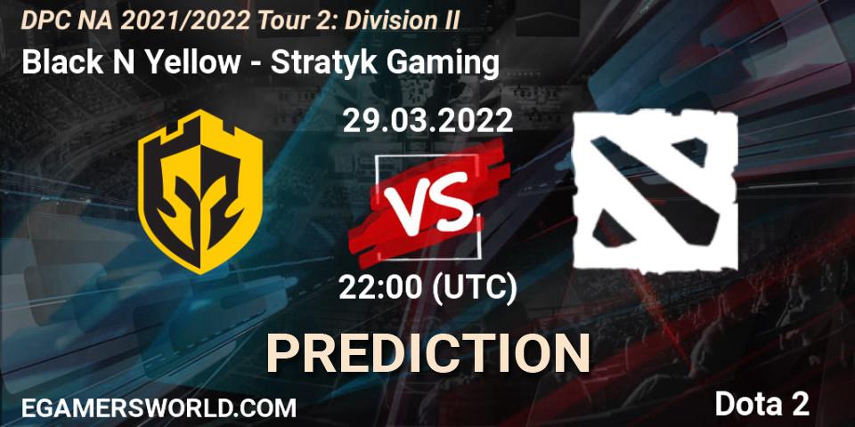 Black N Yellow - Stratyk Gaming: ennuste. 29.03.2022 at 21:56, Dota 2, DP 2021/2022 Tour 2: NA Division II (Lower) - ESL One Spring 2022