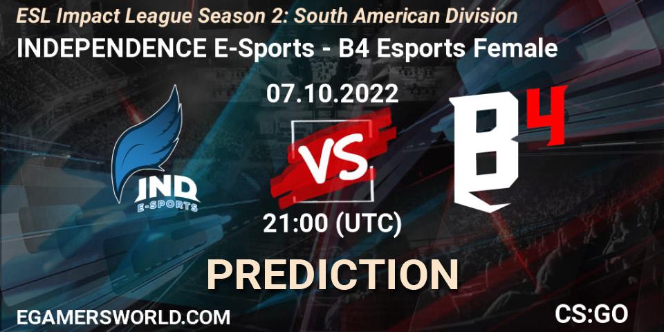 INDEPENDENCE E-Sports - B4 Esports Female: ennuste. 07.10.2022 at 21:00, Counter-Strike (CS2), ESL Impact League Season 2: South American Division